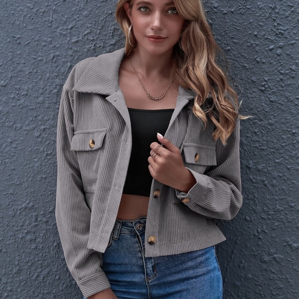 button up pocket corduroy classic jacket shacket - Picture 8 of 13